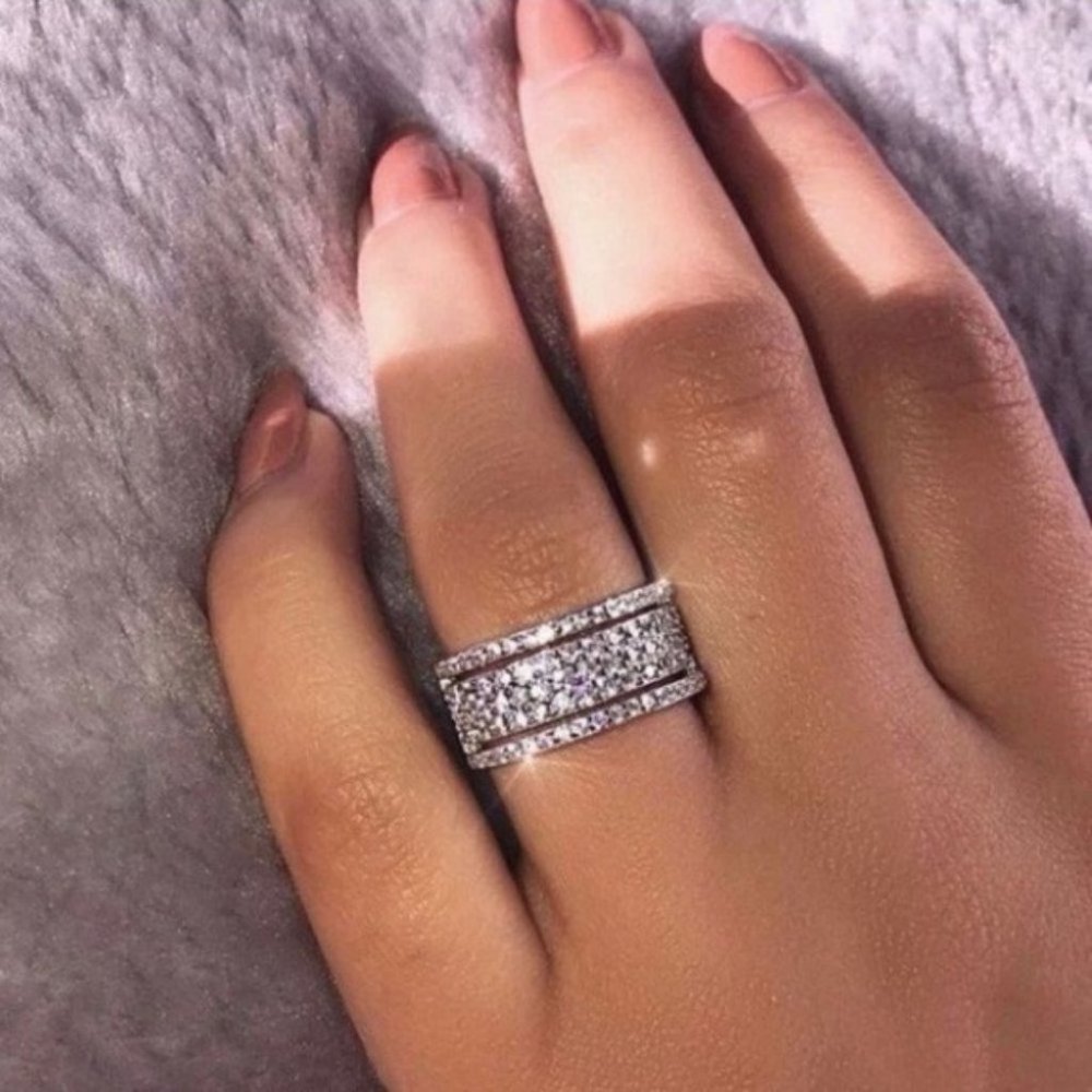 ***925 Sterling Silver Stacked Diamond Wide Ring